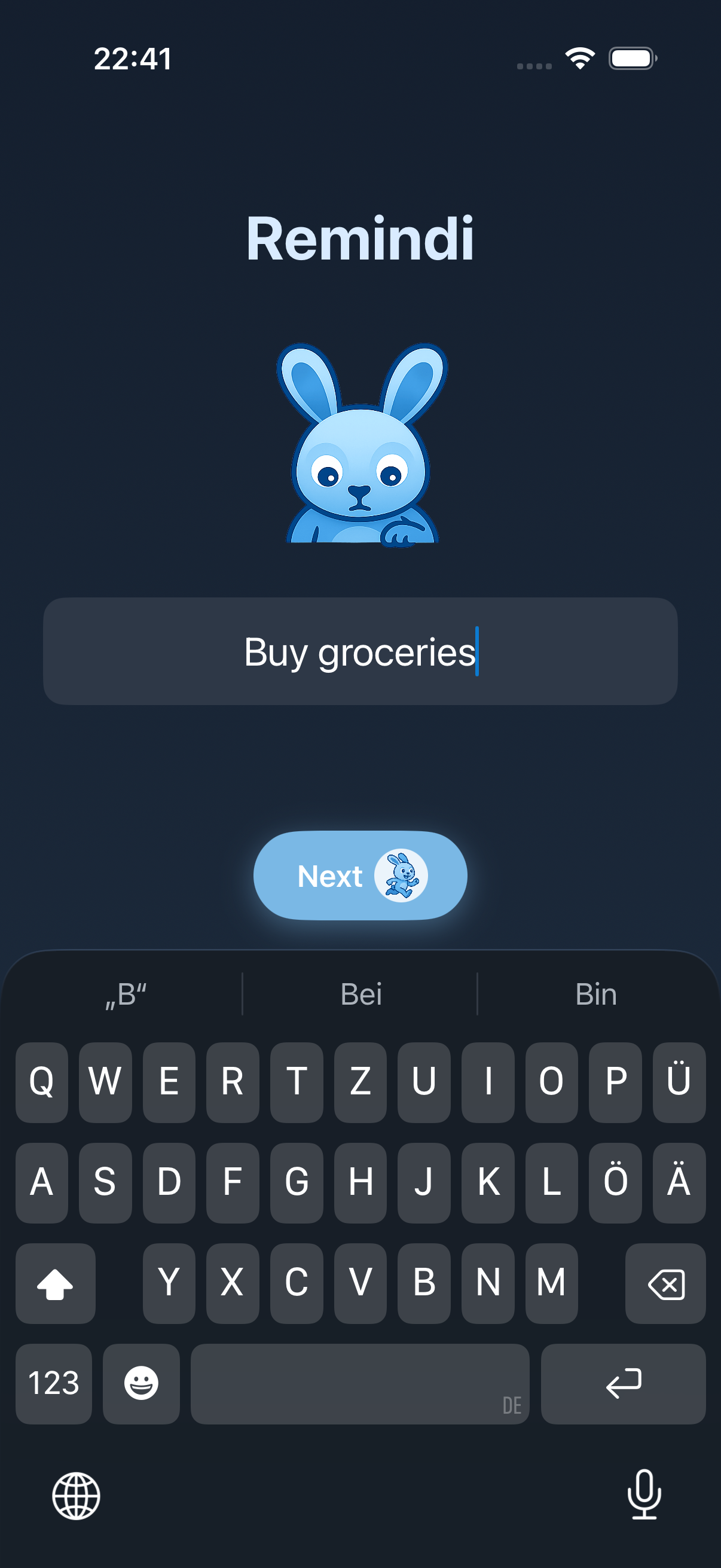 Typing a reminder in dark mode