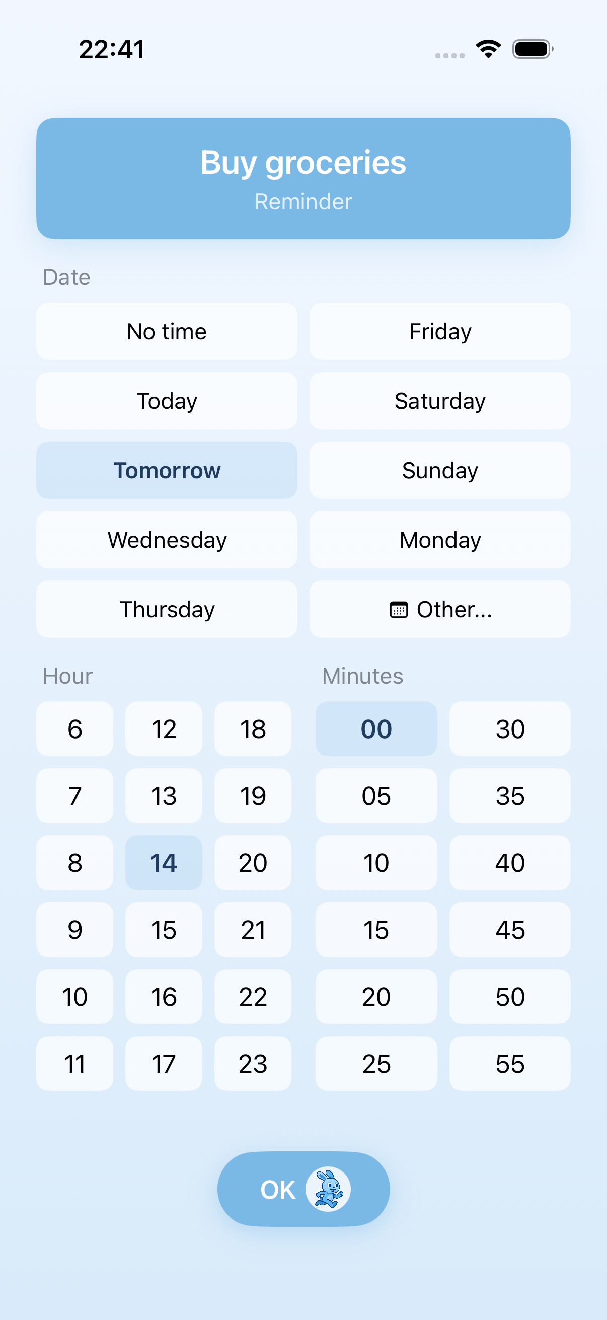 Selecting tomorrow as reminder date